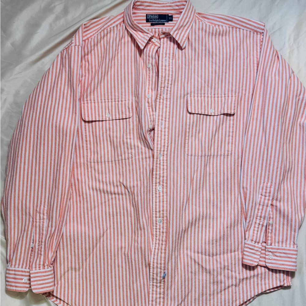 Polo Ralph Lauren Button Down Stripe Double Front Pocket Heavy Cotton XL Peach